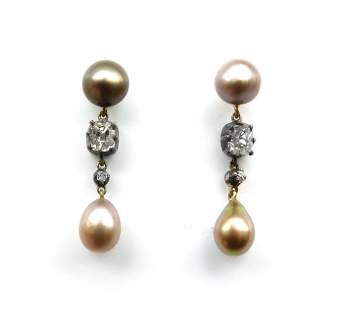 Pair of antique coloured pearl drop and diamond earrings. | MasterArt